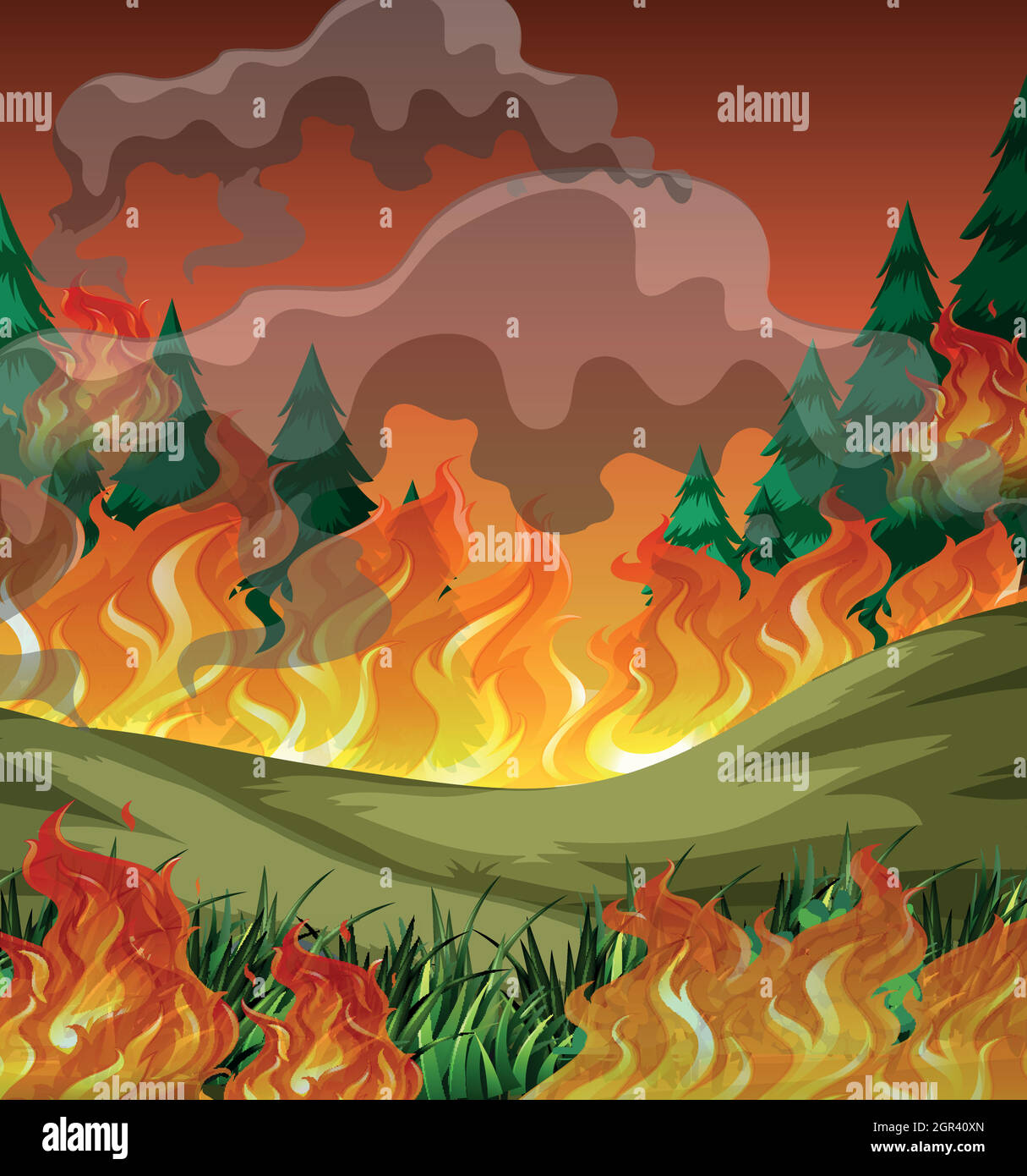 Dangerous forest fire background Stock Vector