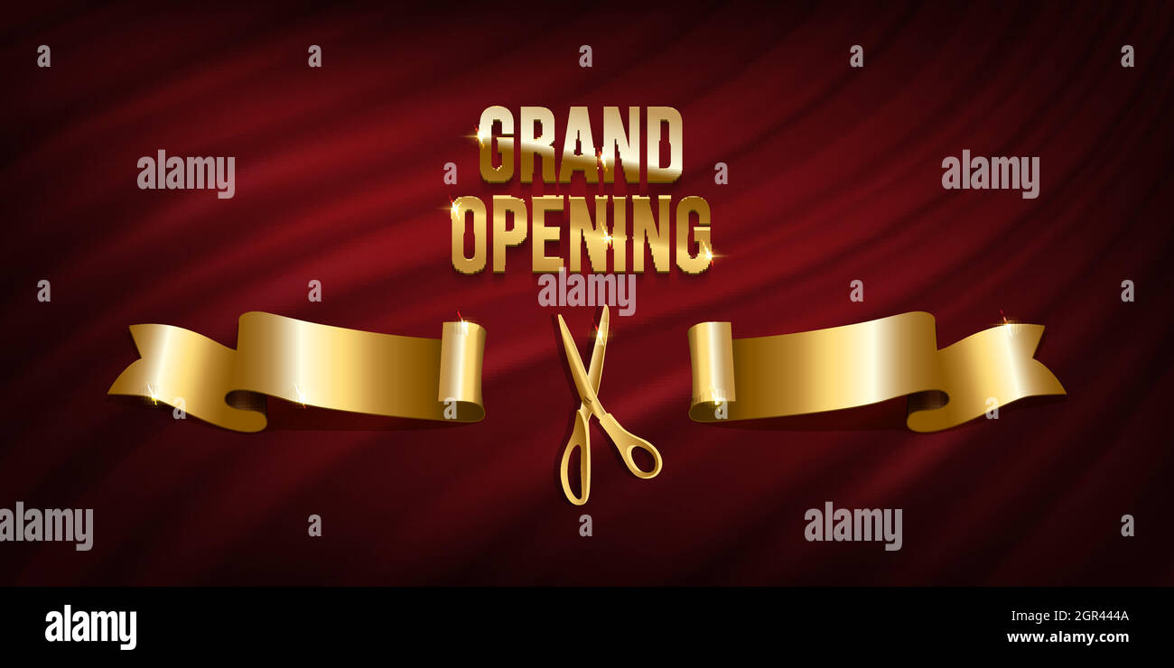 Golden scissors cut ribbon realistic illustration. Grand opening ceremony symbols, 3d accessories on red curtain background. Traditional ritual before Stock Vector