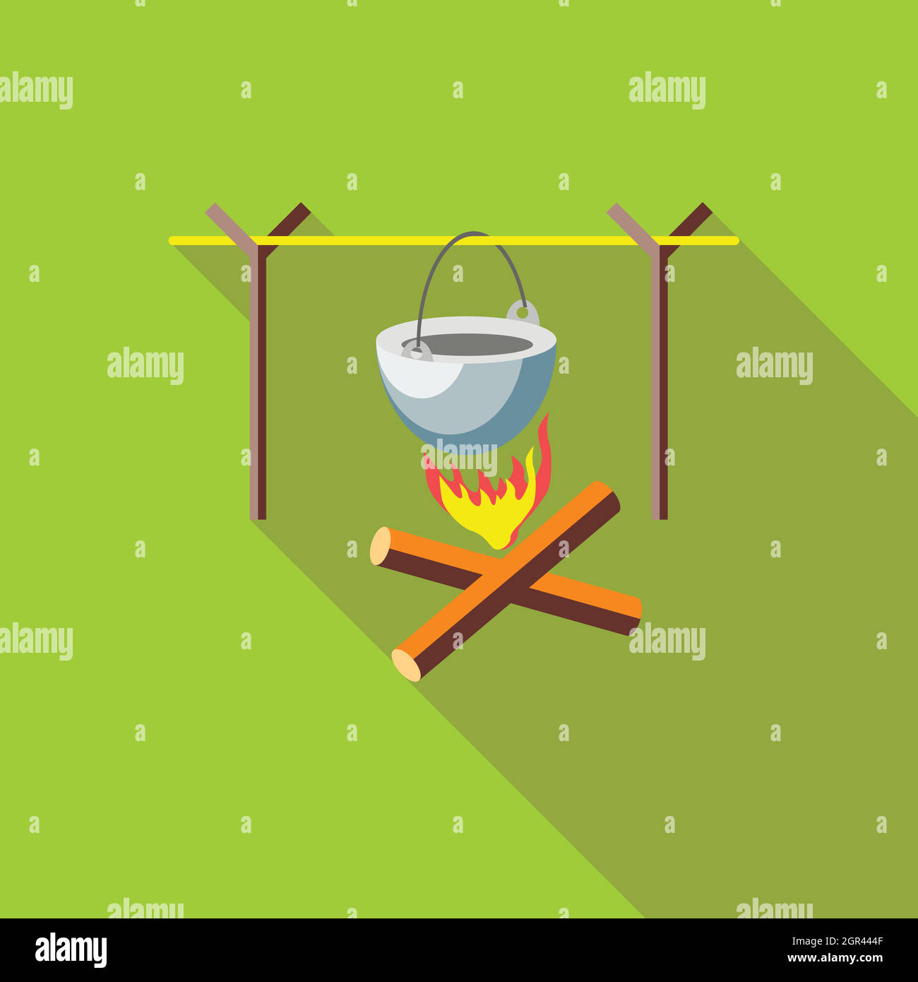 Campfire with cauldron icon, flat style Stock Vector