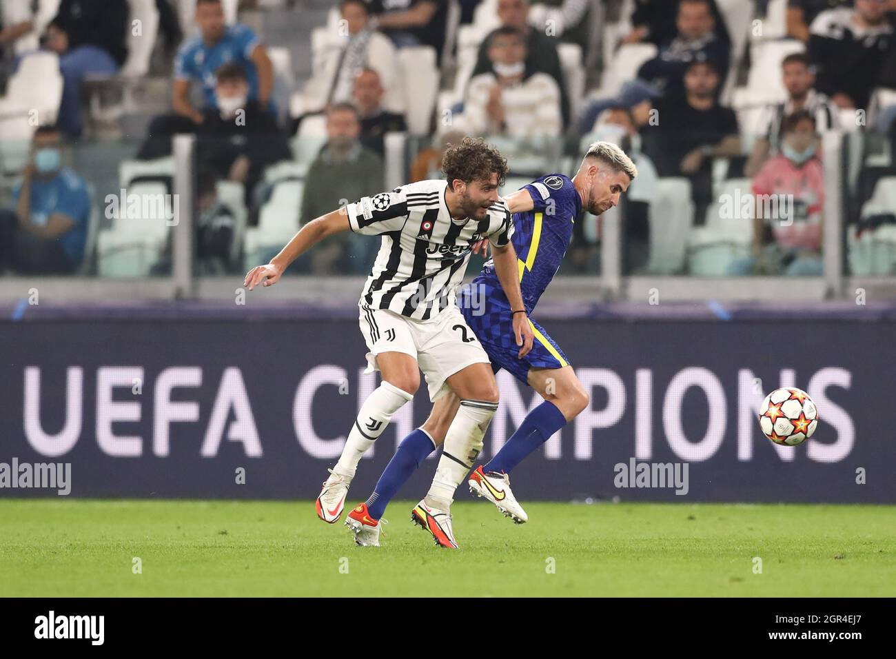 Turin, Italy. 29th Sep, 2021. Italy Nationsl team colleagues Manuel Locatelli of Juventus and Jorginho of Chelsea FC battle for possession during the UEFA Champions League match at Allianz Stadium, Turin. Picture credit should read: Jonathan Moscrop/Sportimage Credit: Sportimage/Alamy Live News Stock Photo