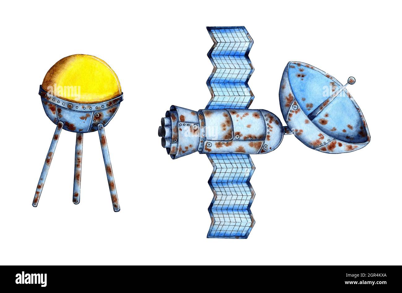 Watercolor illustration set of two space satellites. Transmission of