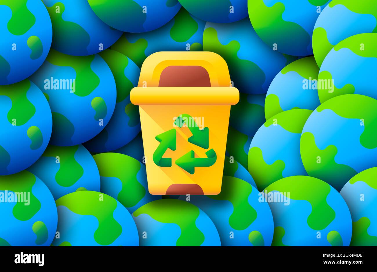 Illustration of a yellow bin with the recycling symbol surrounded by