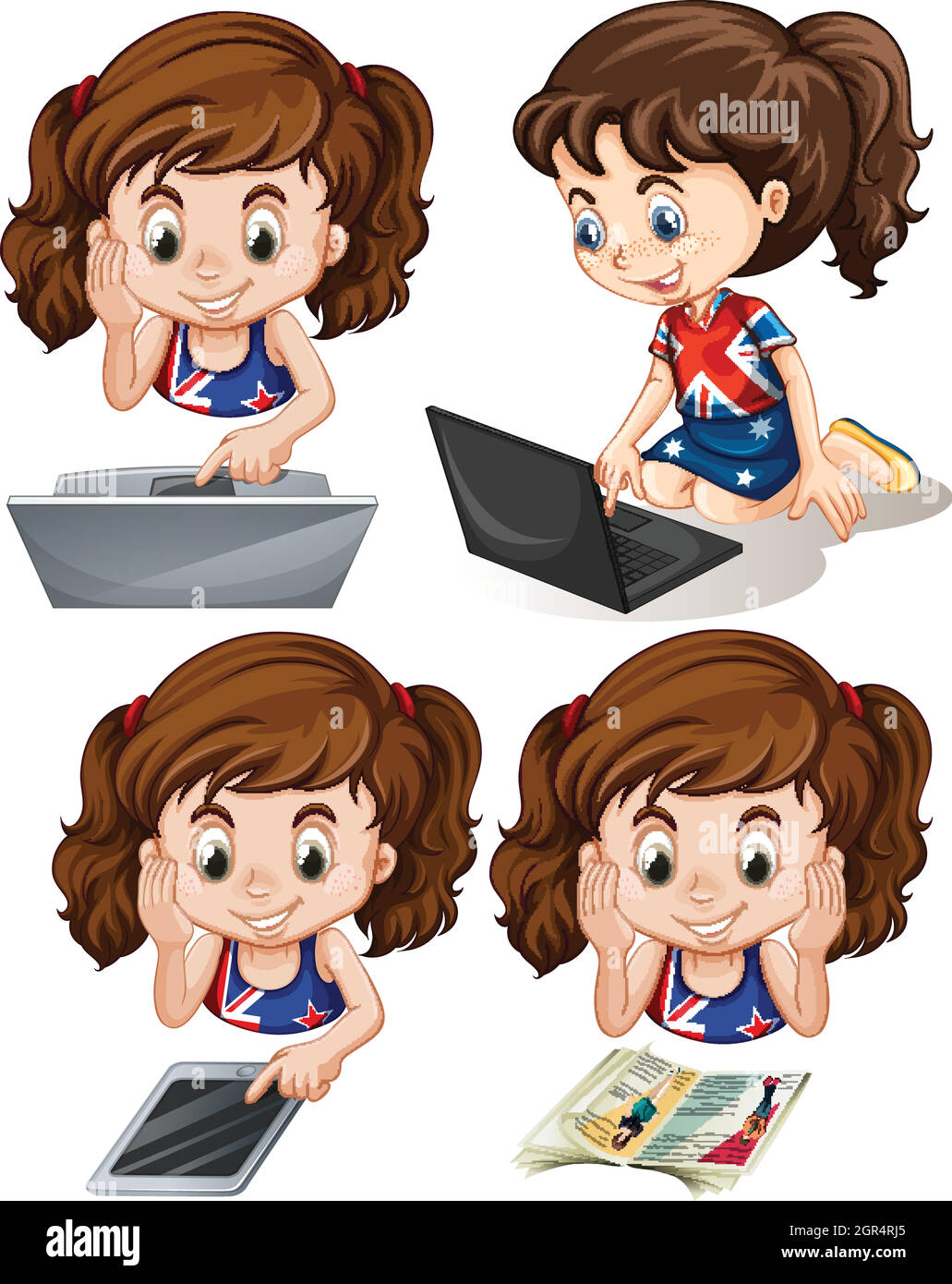 Girl using computer and tablet Stock Vector