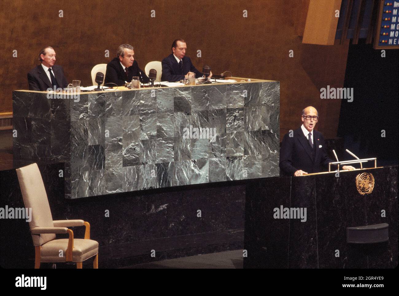 French President Valery Giscard d'Estaing, addressing United Nations General Assembly, New York City, New York, USA, May 24, 1978 Stock Photo