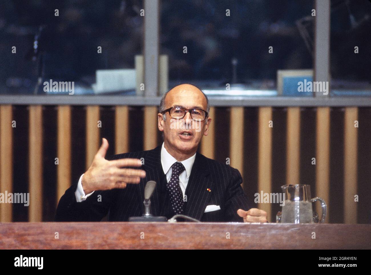 French President Valery Giscard d'Estaing, addressing United Nations General Assembly, New York City, New York, USA, May 24, 1978 Stock Photo