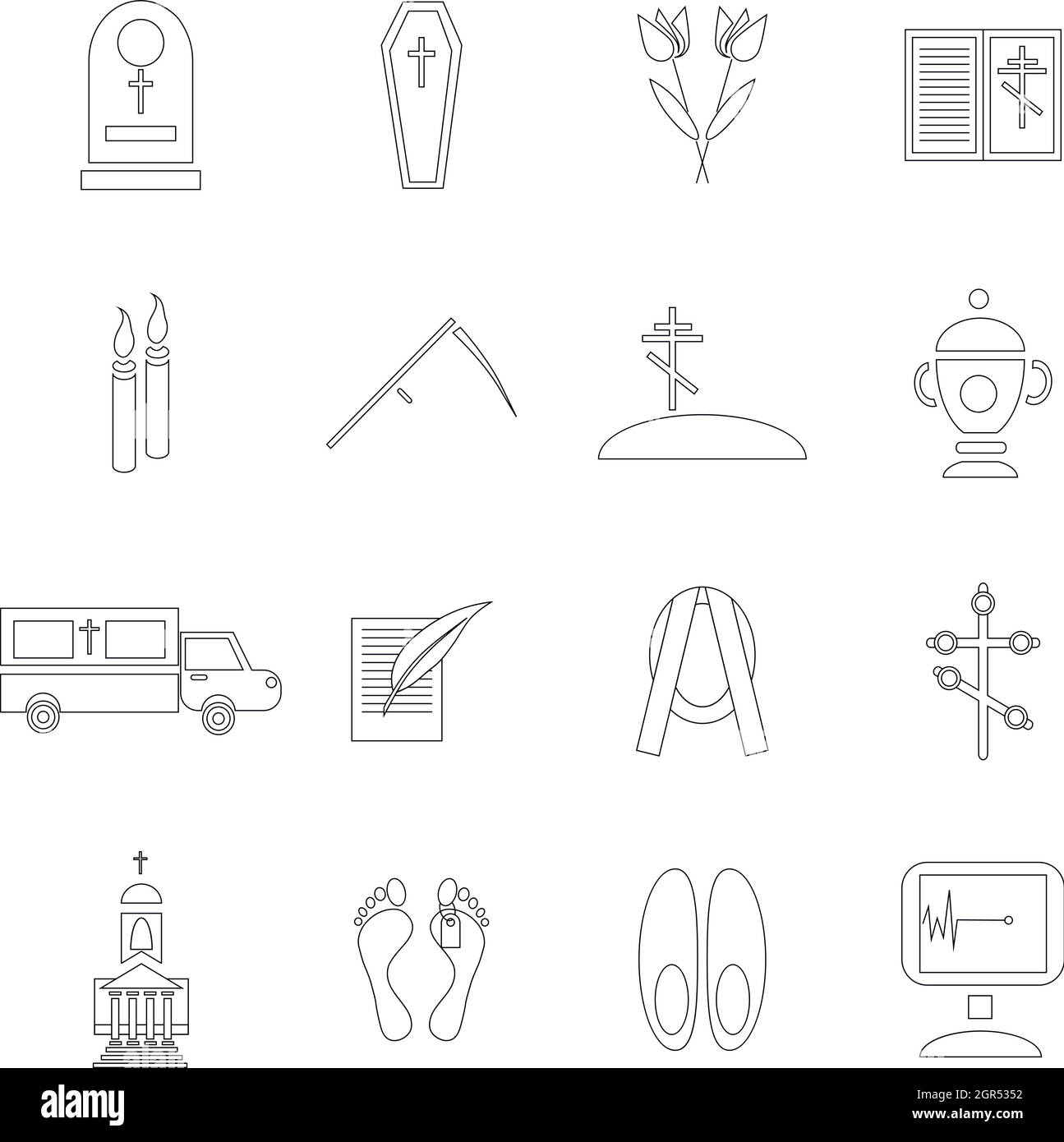 Death and funeral icons set, outline style Stock Vector
