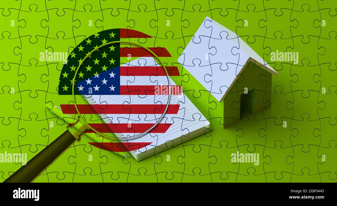national flag and searching home concept Stock Photo