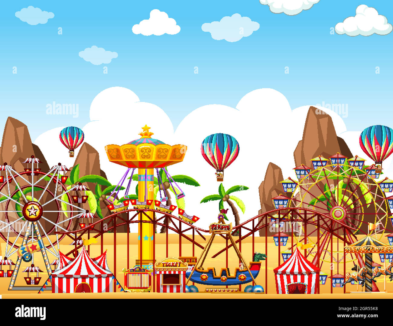Themepark scene with many rides on the desert ground Stock Vector