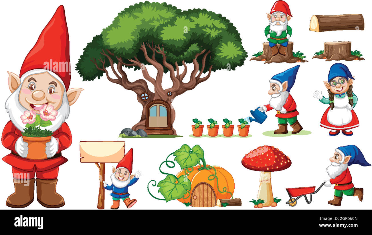 Set of garden gnome cartoon character on white background Stock Vector