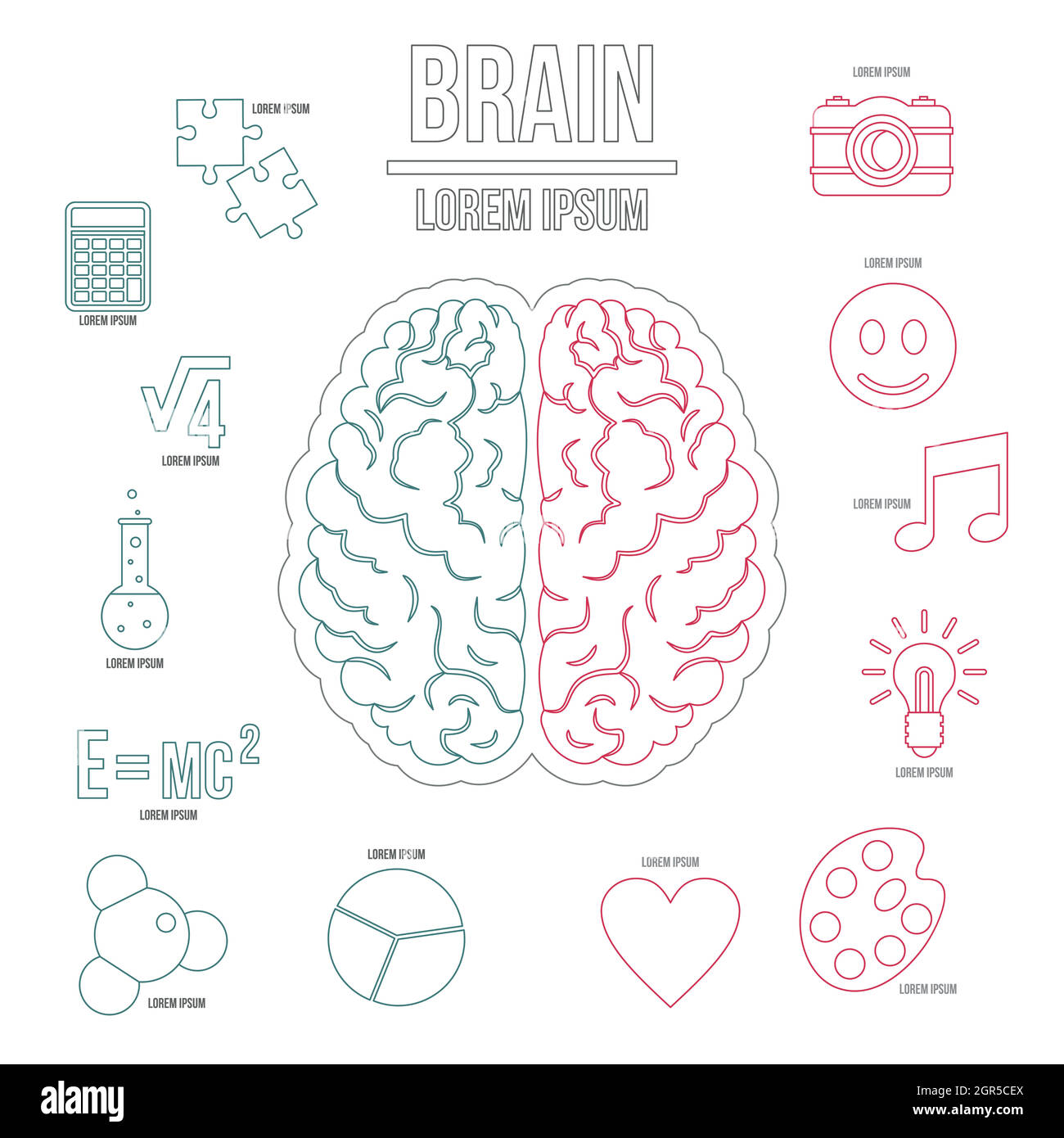 Human brain infographics set, outline style Stock Vector