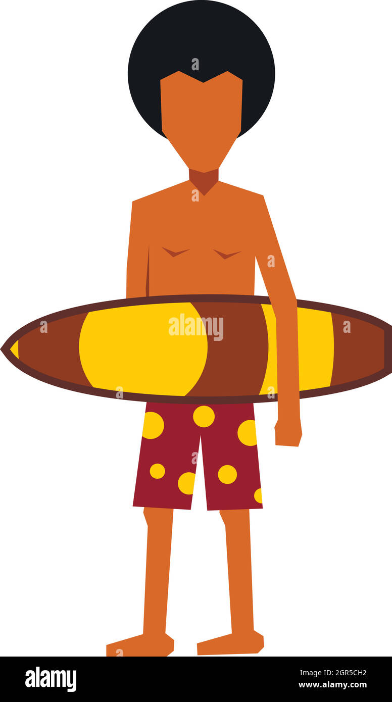 Surfer man holding yellow surfboard icon Stock Vector