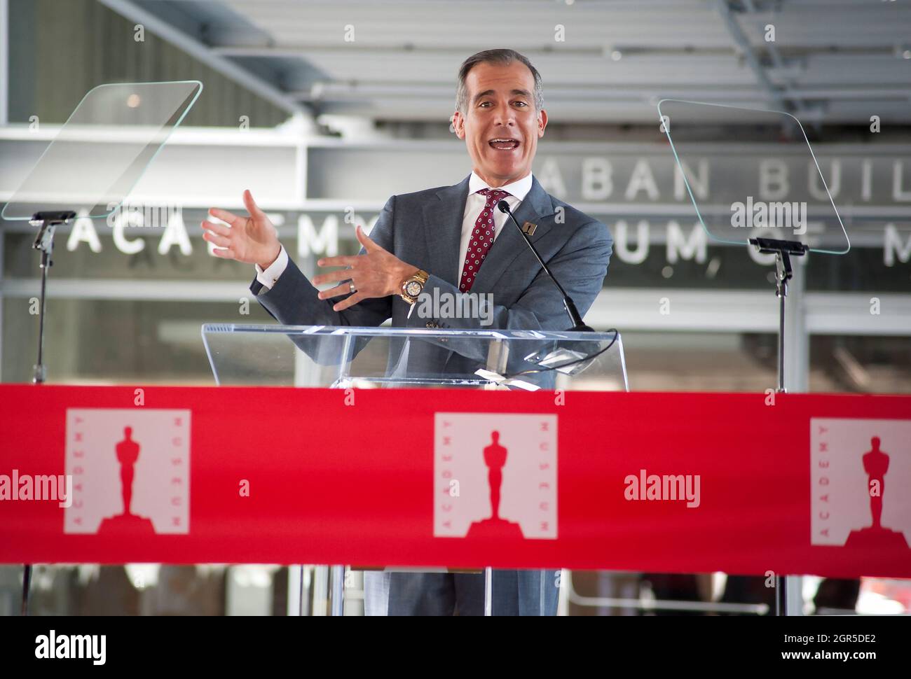 L.A. Mayor Eric Garcetti attending the opening ceremony for The Academy Museum of Motion Pictures, Los Angeles, California, USA Stock Photo