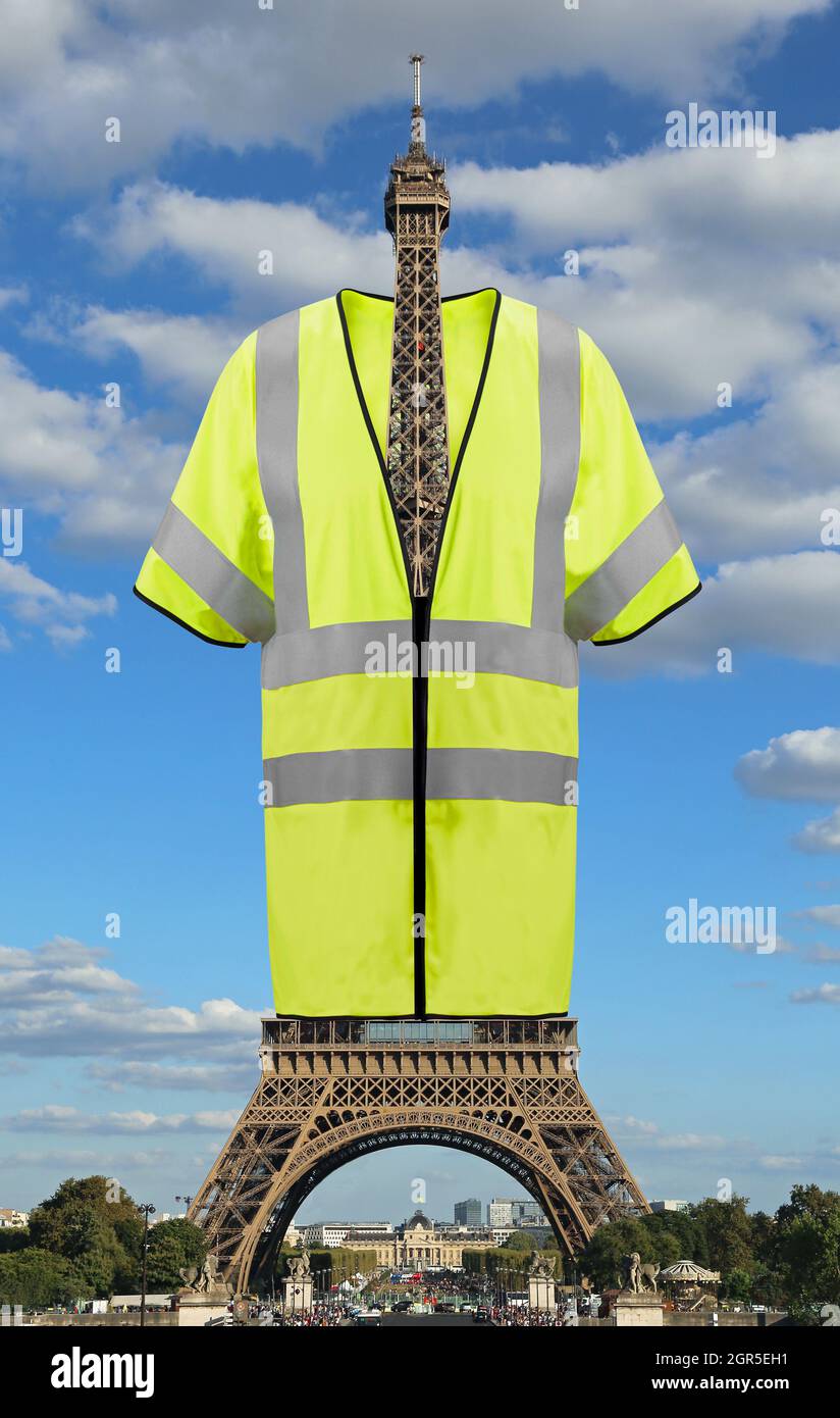 Big Jacket Symbol Of Yellow Vests Movement On Eiffel Tower In Paris France.  This Is A Photomontage Stock Photo - Alamy