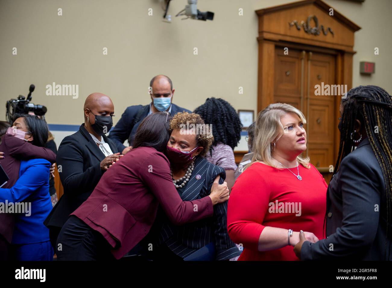 United States Representative Barbara Lee (Democrat of California), center, gets a hug from United States Representative Rashida Tlaib (Democrat of Michigan), left, while United States Representative Cori Bush (Democrat of Missouri), right, is comforted by United States Representative Kat Cammack (Republican of Florida), second from right, following a House Committee on Oversight and Reform hearing âA State of Crisis: Examining the urgent need to protect and expand abortion rights and accessâ in the Rayburn House Office Building in Washington, DC, Wednesday, September 29, 2021. Credit: Rod Stock Photo