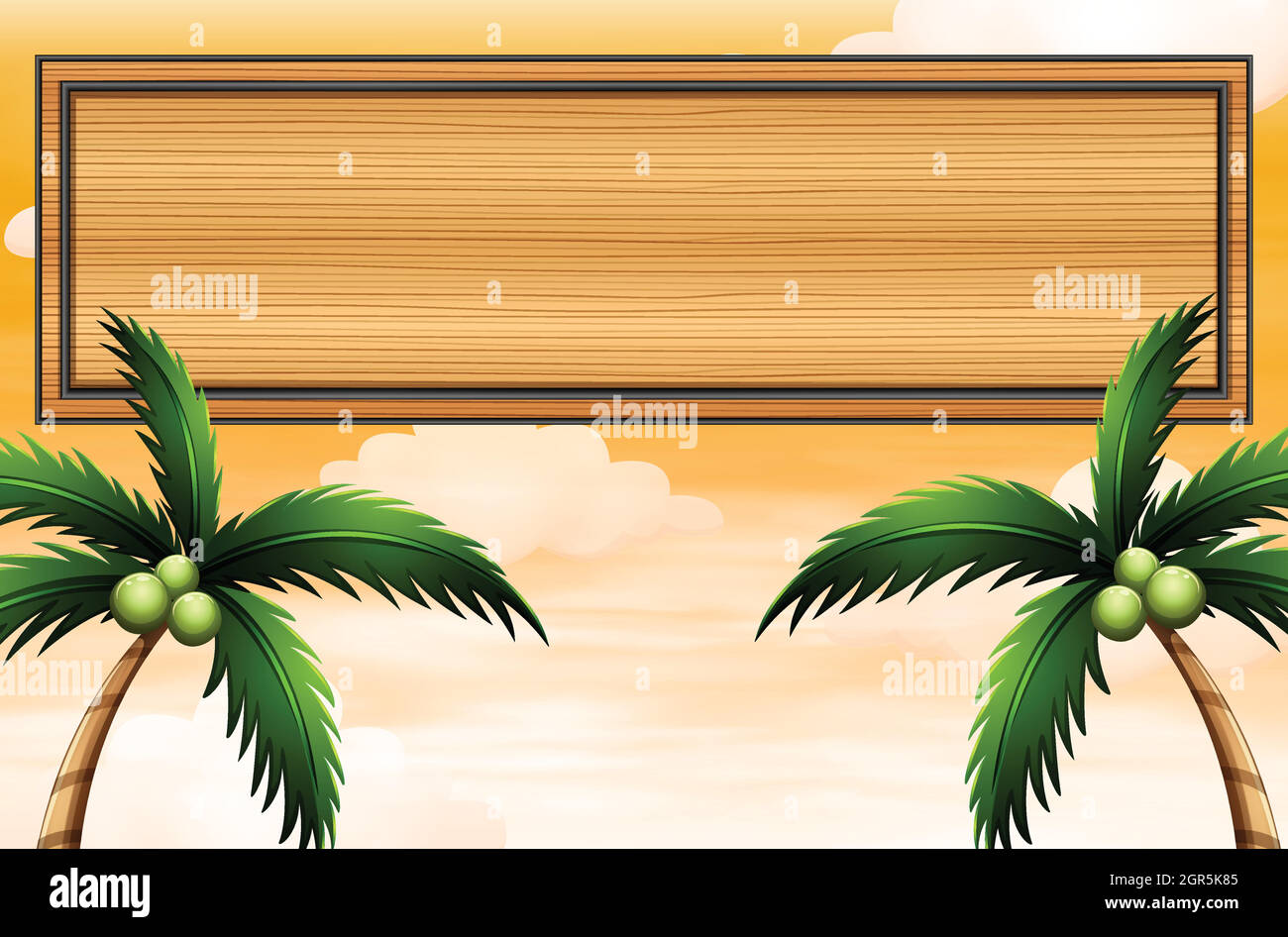 An empty wooden signboard with coconut trees Stock Vector