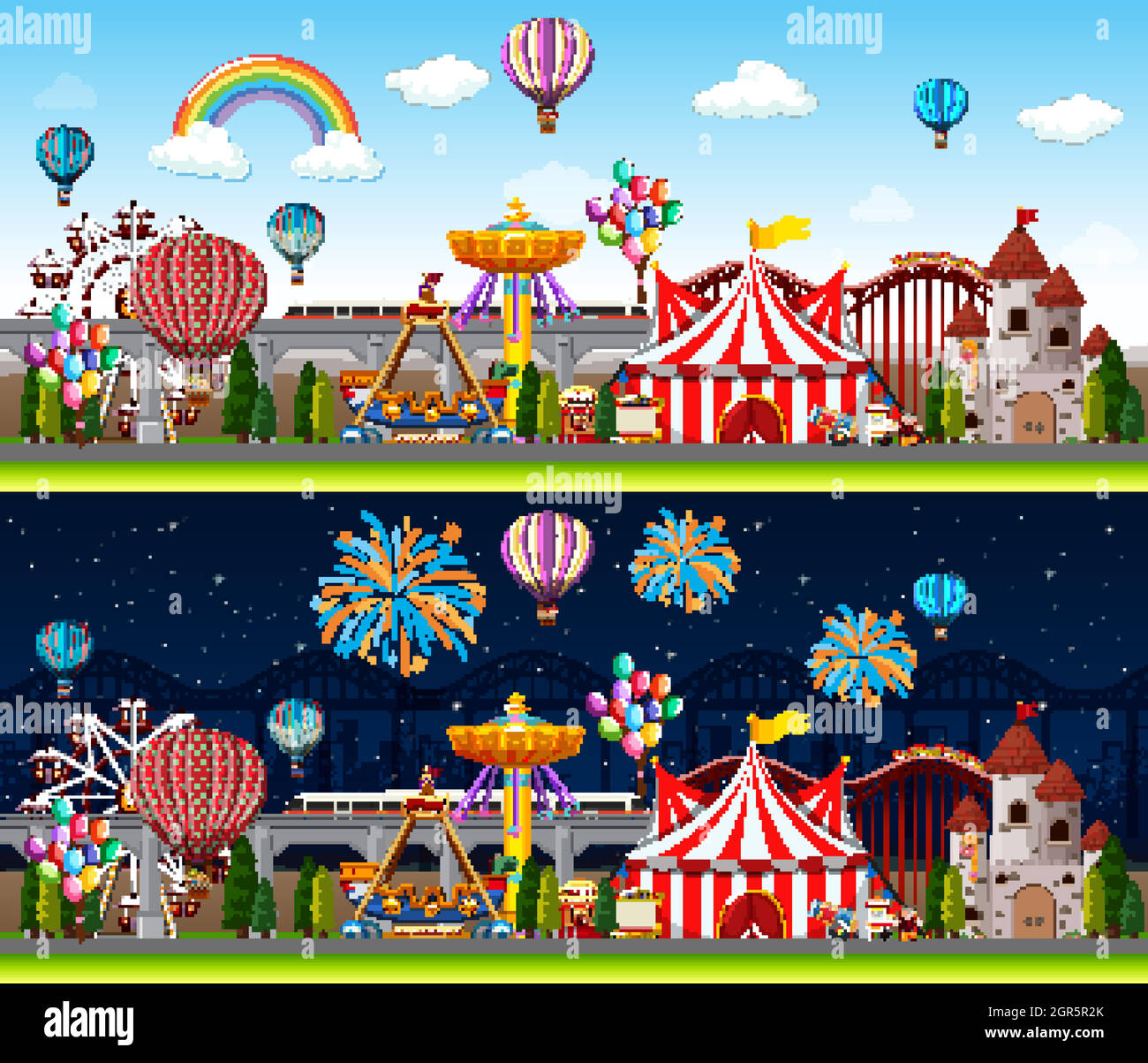Themepark scenes with many rides at day time and night time Stock Vector