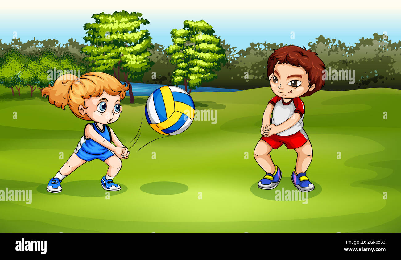 A girl and a boy playing volleyball Stock Vector