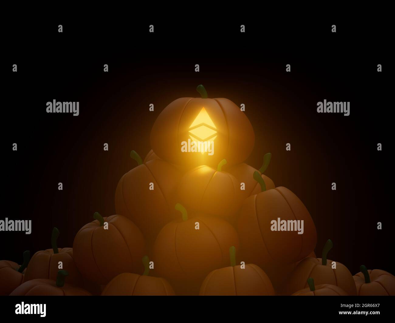 Orange shiny and creepy pumpkin with an Ethereum Classic icon - Halloween background Stock Photo