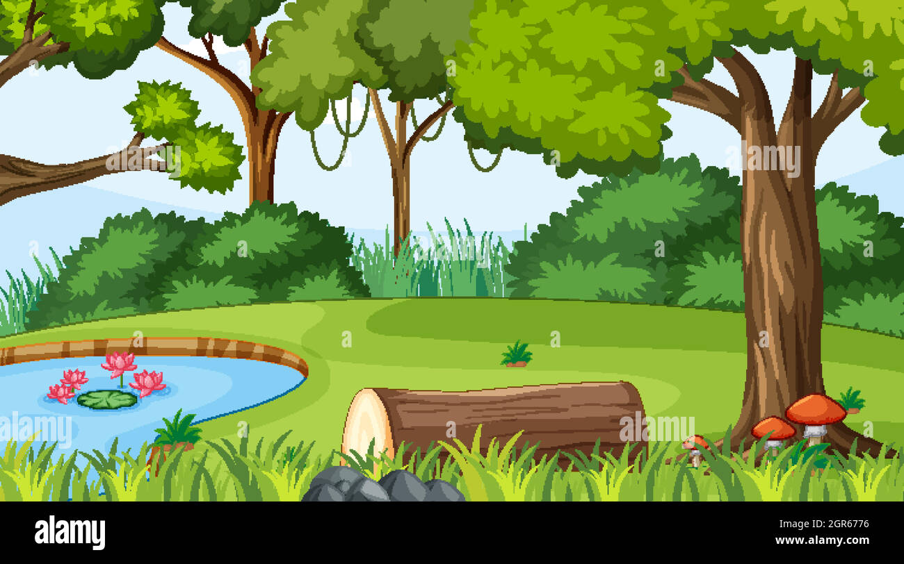 Forest landscape scene at day time with pond and many trees Stock Vector