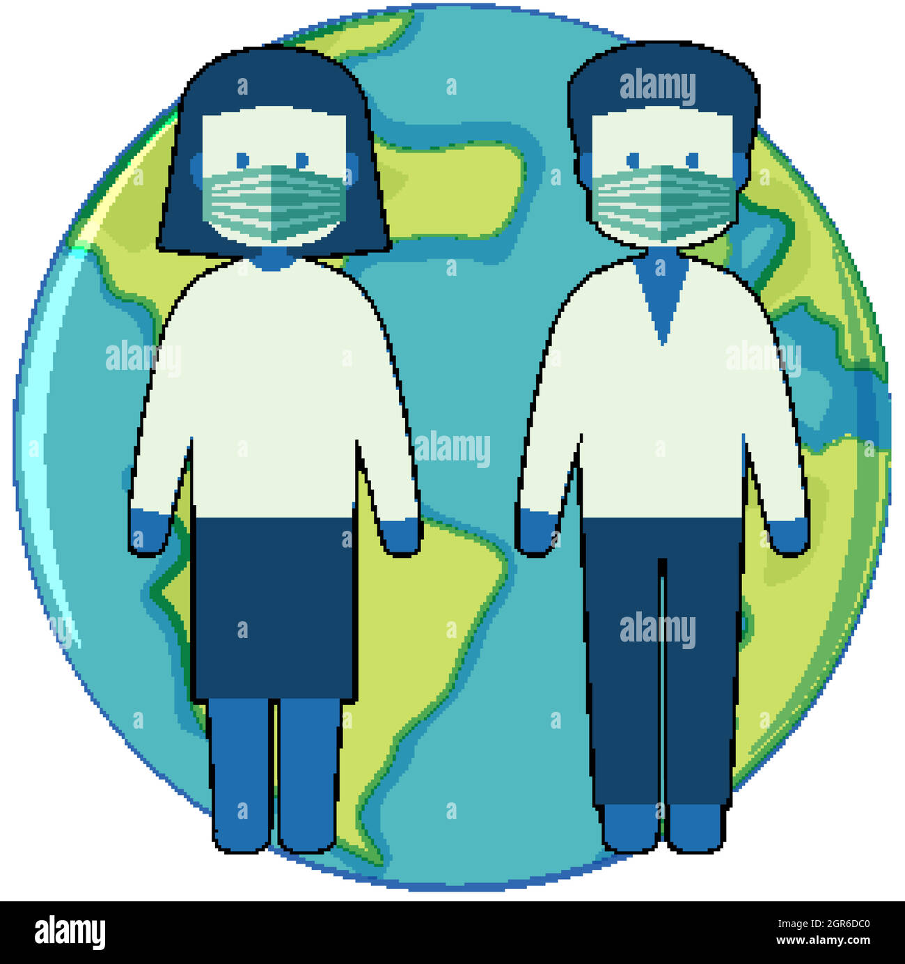 A man and a woman wear mask to avoid coronavirus or covid19 with the earth icon Stock Vector