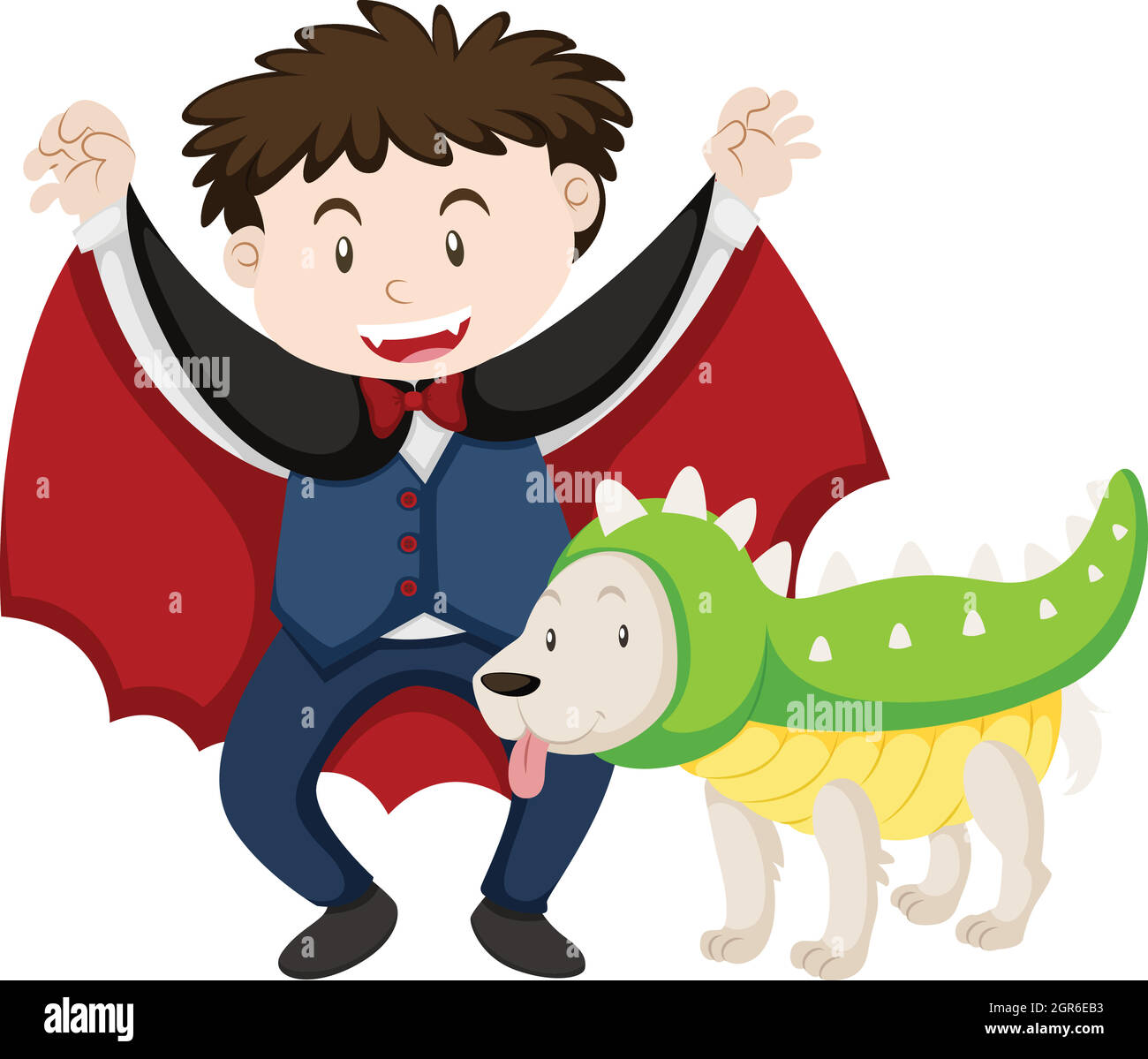 Boy dressed as vampire and dog as dinosaur Stock Vector