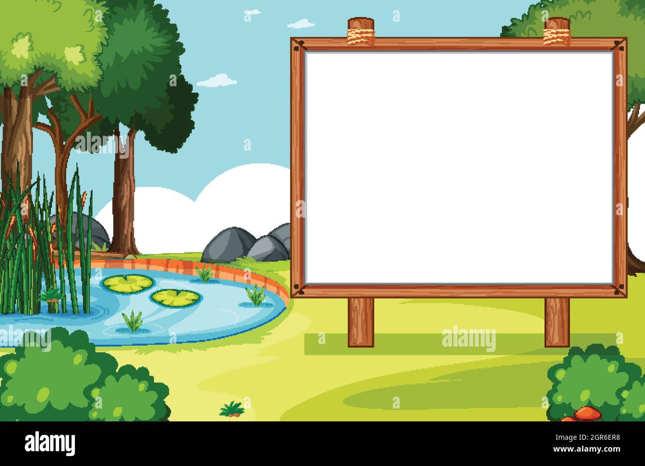 Blank wooden frame in nature park scene with swamp side Stock Vector