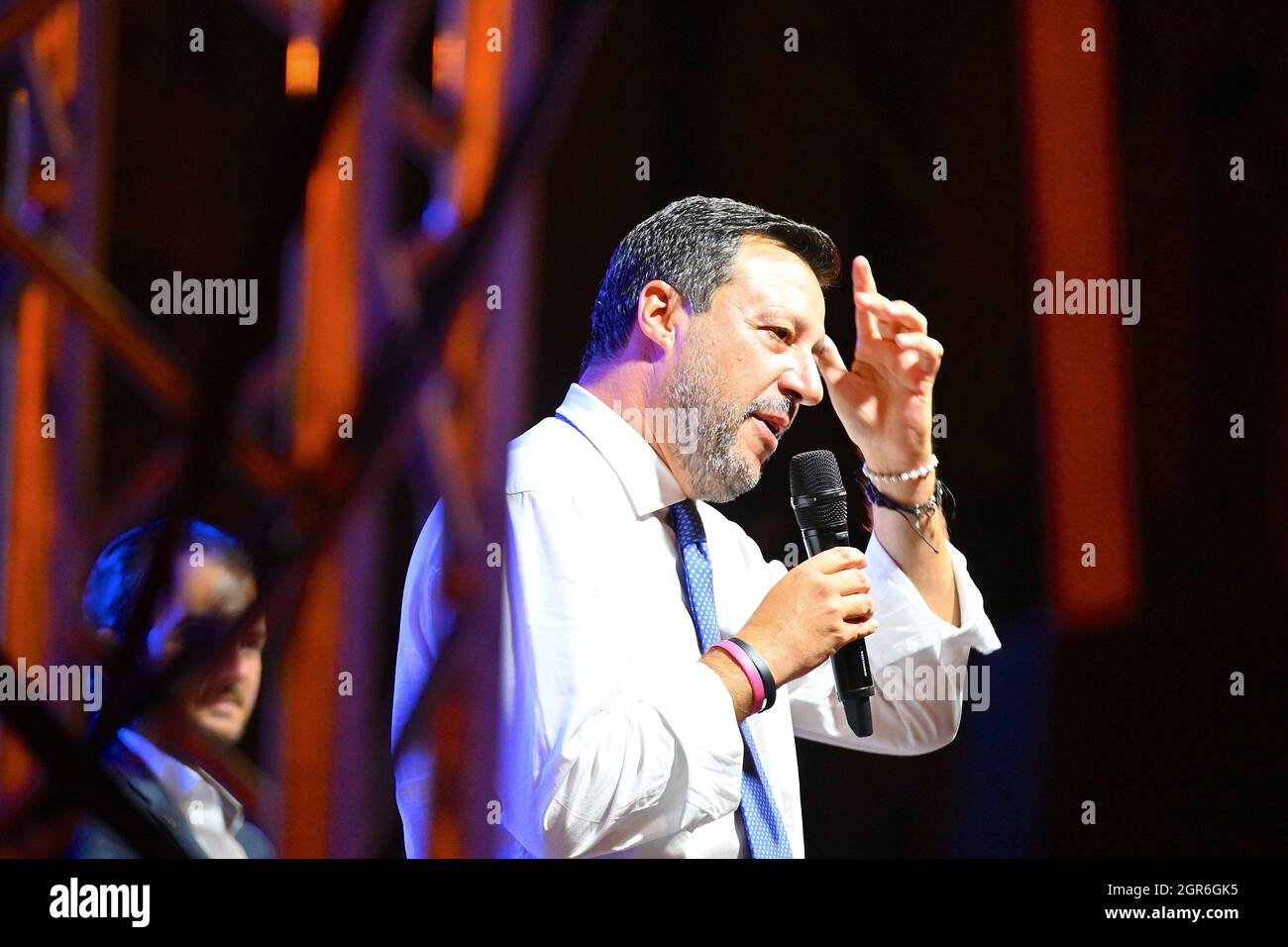 TORINO, ITALY - Sep 10, 2021: A shallow focus of Matteo Salvini, leader of Lega Italian party during election rally Turin Italy Stock Photo