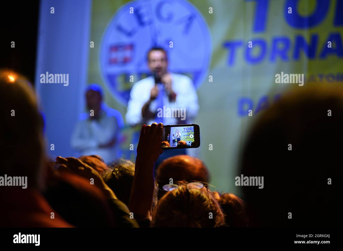 T, ITALY - Sep 09, 2021: A shallow focus of Matteo Salvini, leader of Lega Italian party during election rally Turin Italy Stock Photo