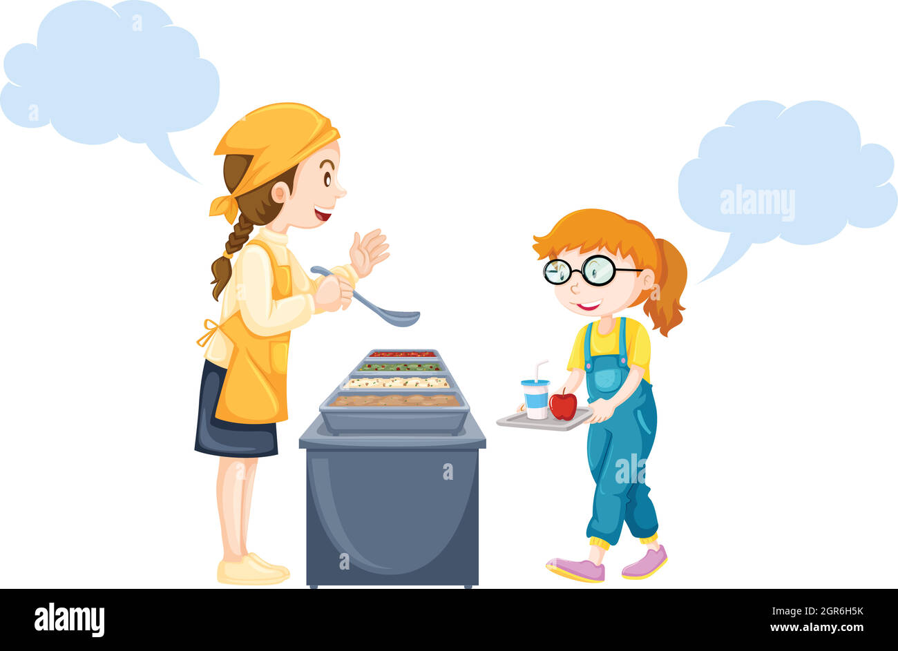 Girl getting food from woman in canteen Stock Vector