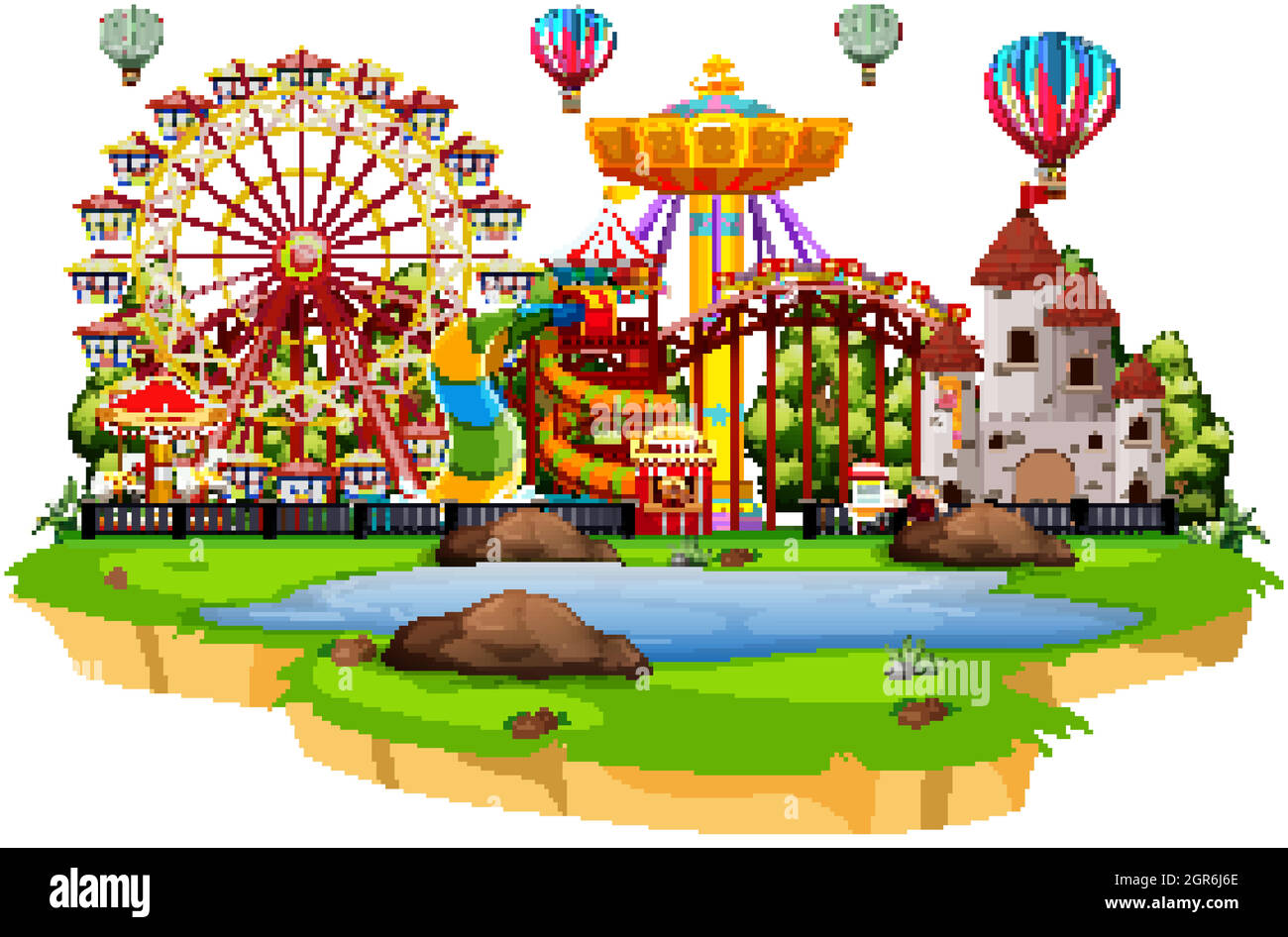 Scene with many rides in the funpark on white background Stock Vector ...