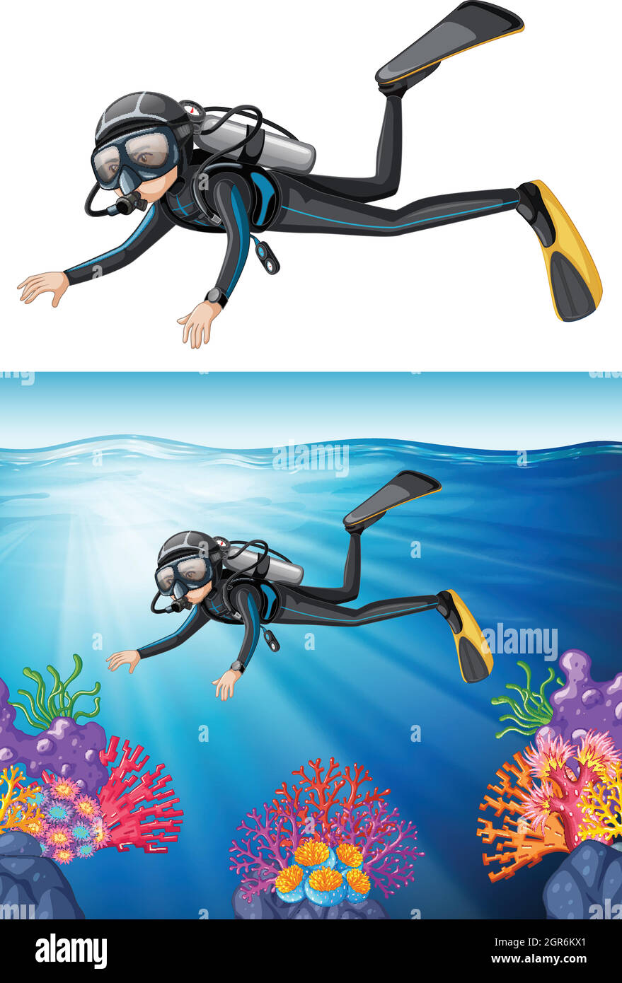 Diver snorkeling through a reef Stock Vector