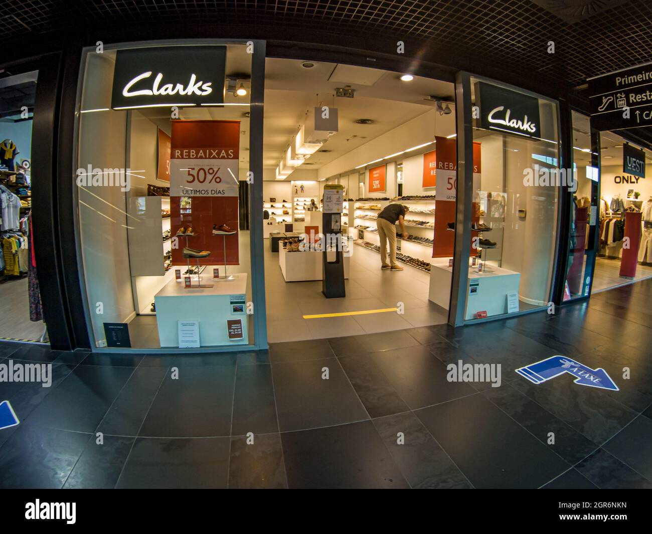 VIGO, SPAIN - Sep 10, 2021: Clarks branded shoe store area in the mall of Vigo, Spain Stock Photo -