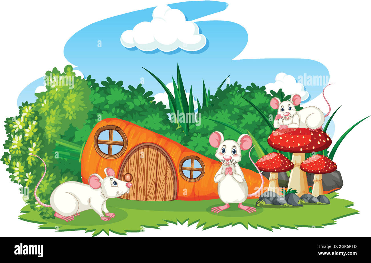 Mouses with cheese house in garden cartoon Vector Image