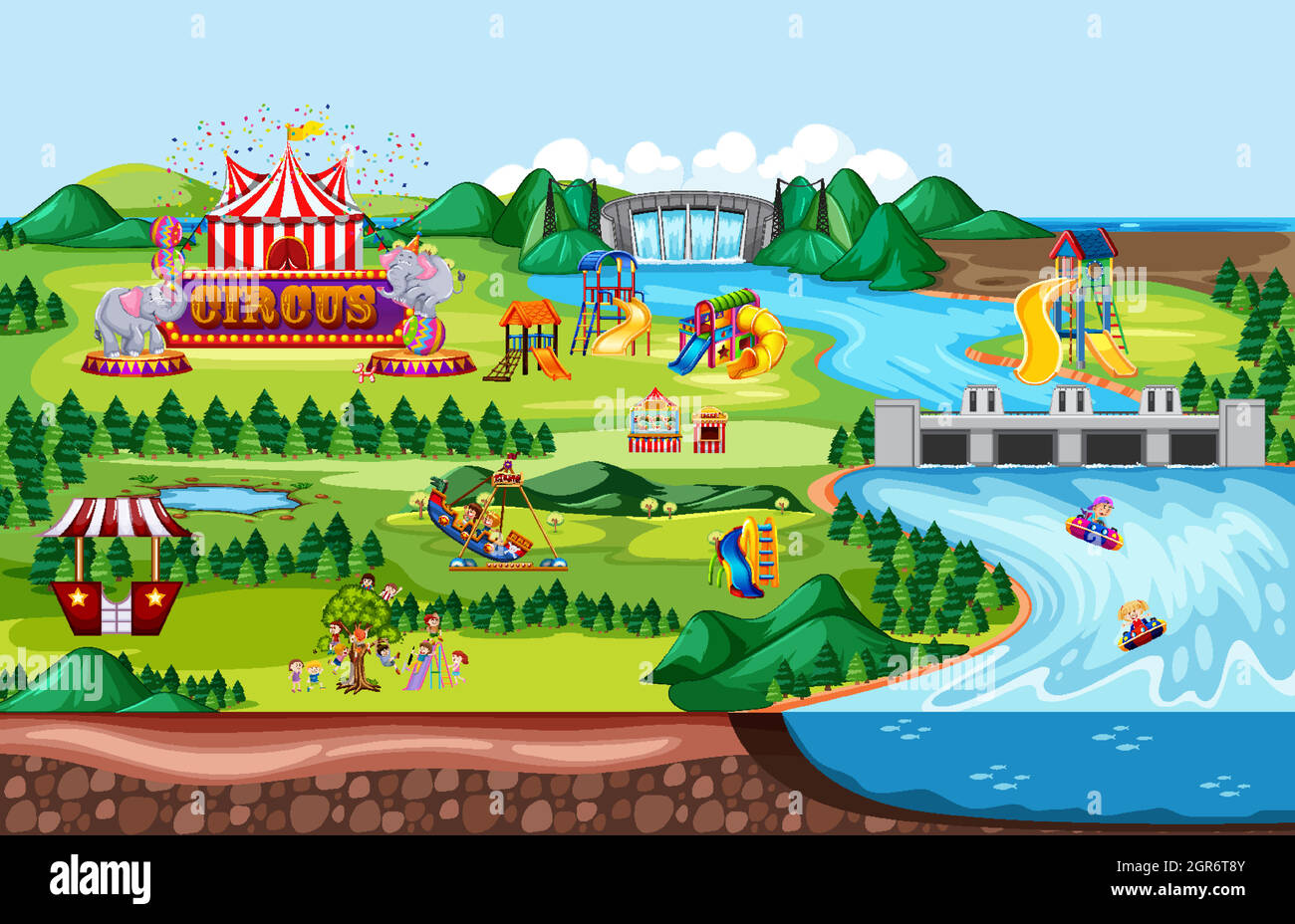Theme amusement park landscape scene and many rides with happy children ...