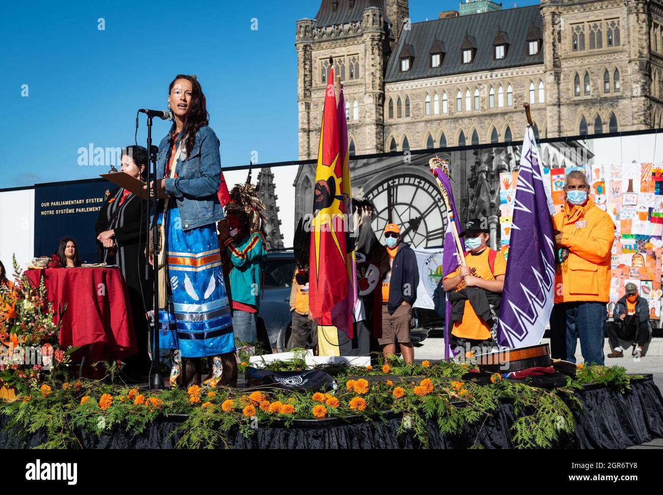 Dawn Lehstoseranon:nha speaks during the Truth and Reconciliation event on Parliament Hill, which honors the painful history of First Nations people. Stock Photo