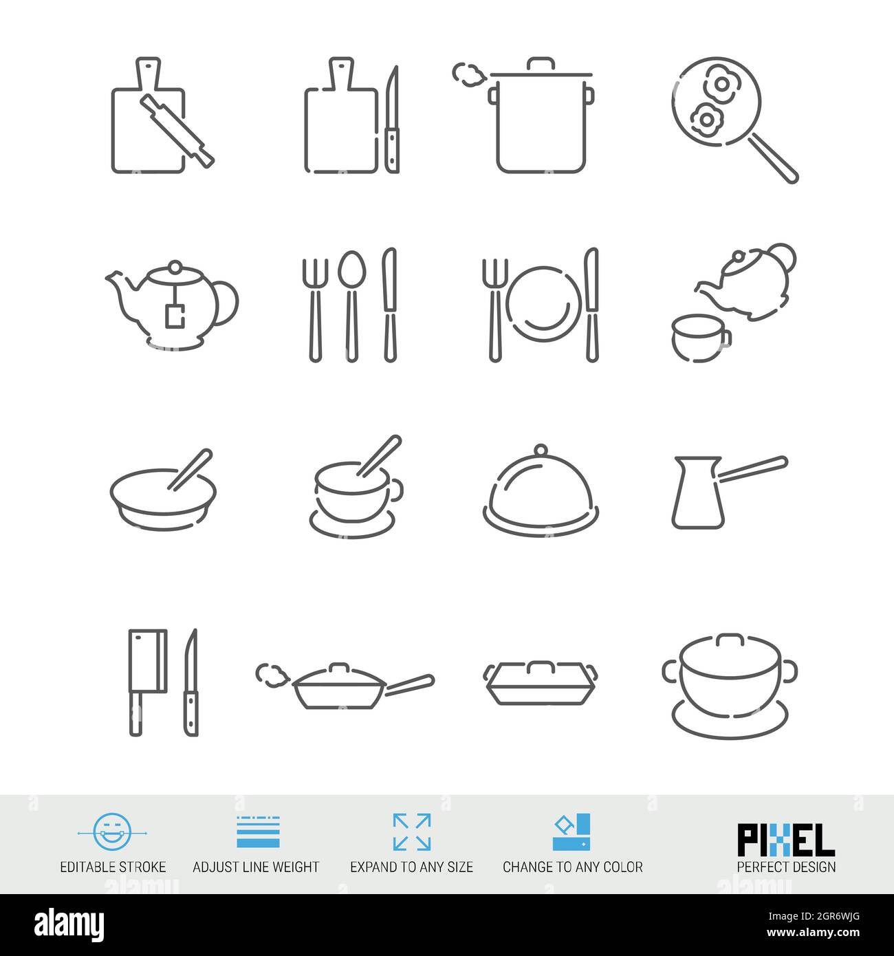 Kitchenware related vector line icon set isolated on white. Pixel ...