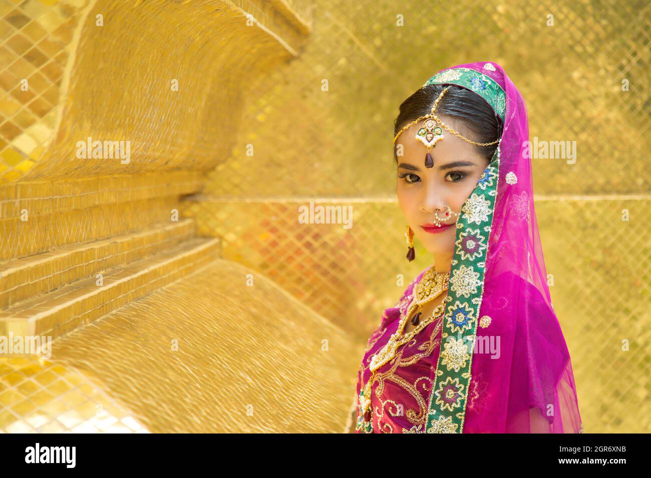 Portrait Asian Woman In A Purple Indian Traditional Saree With A Golden  Wall Background Stock Photo - Alamy