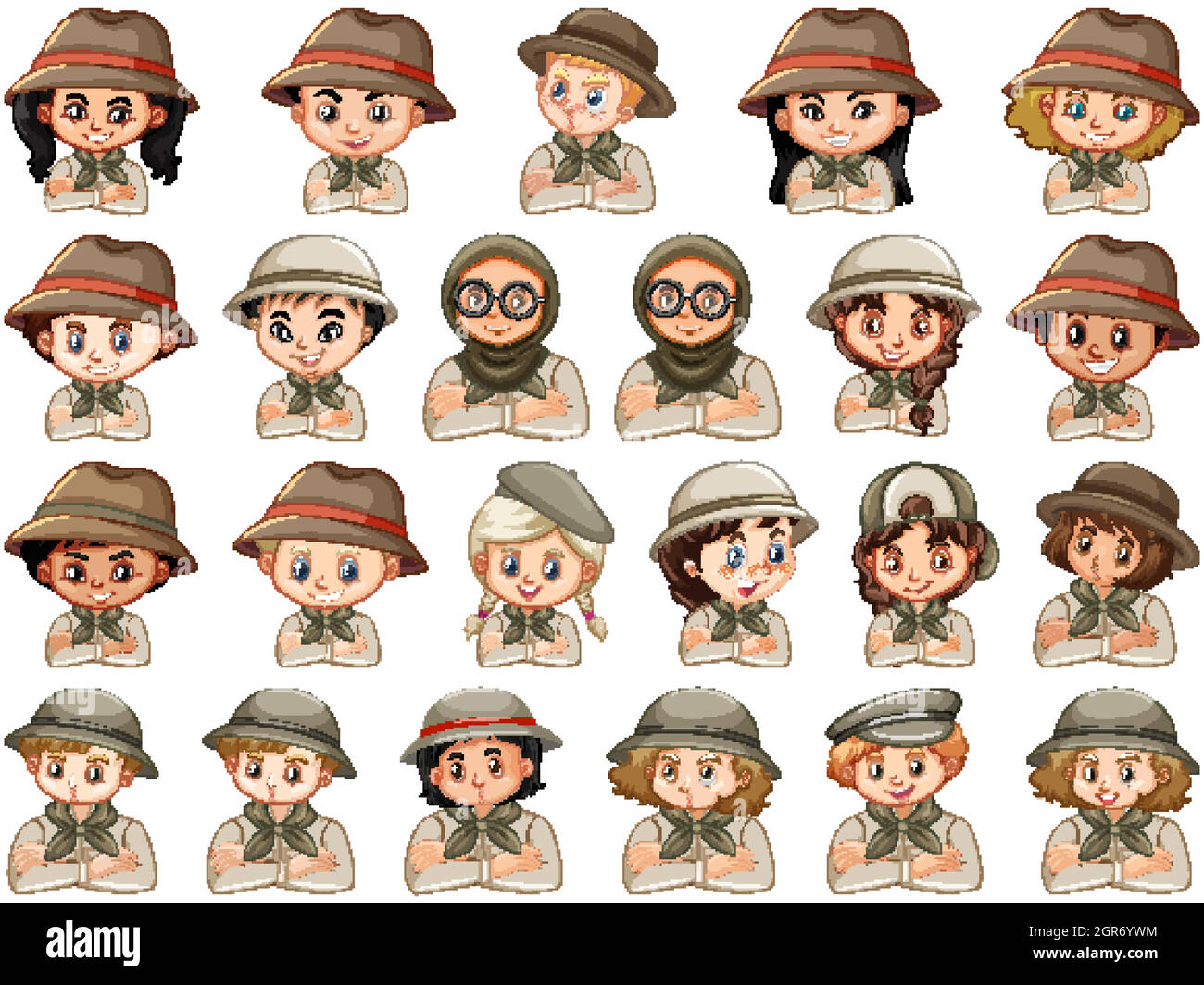 Set of different characters of boys and girls scout costume on a white ...