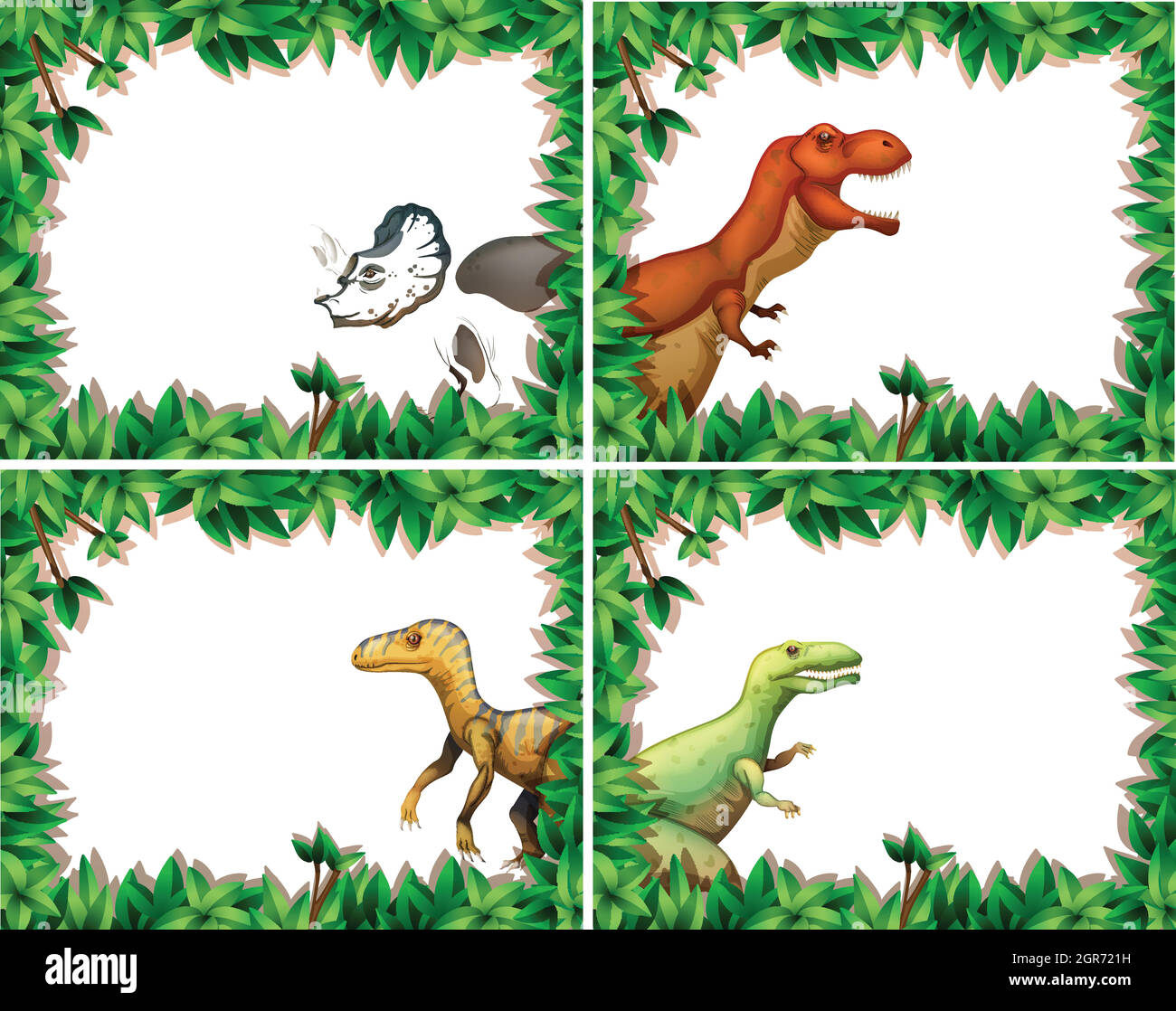 Set of dinosaur in nature frame Stock Vector