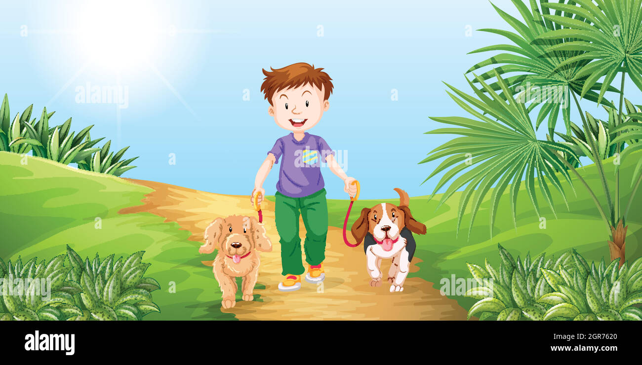 Boy taking dogs for walk in the park Stock Vector