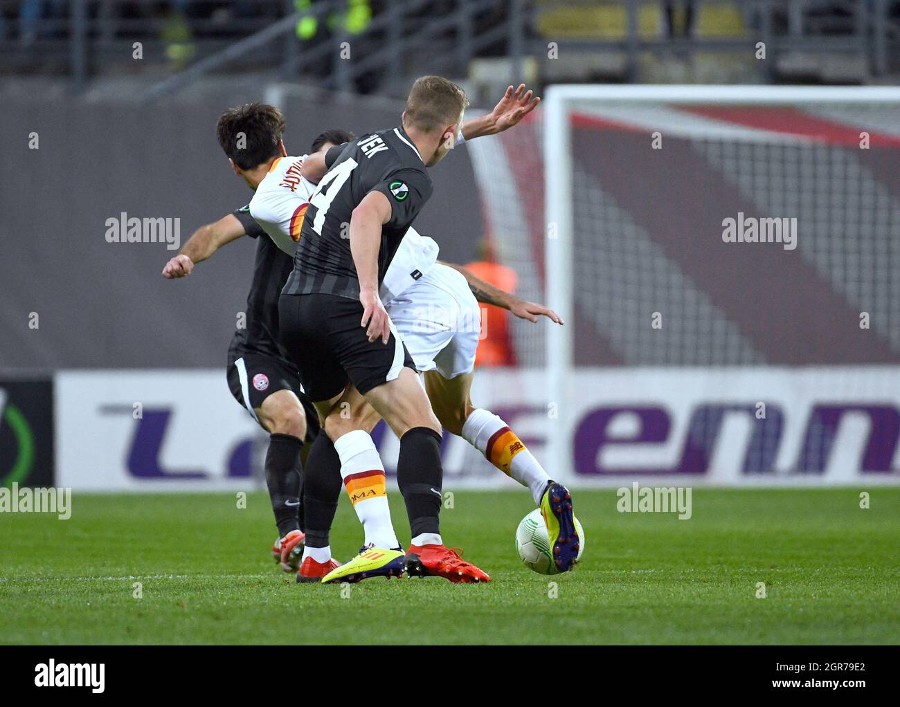 ZAPORIZHZHIA, UKRAINE - SEPTEMBER 30, 2021 - Players are seen in action during the UEFA Conference League round of 16 group stage game between AS Roma and FC Zorya Luhansk which ended with the defeat of the hosts 0:3, Zaporizhzhia, southeastern Ukraine Stock Photo