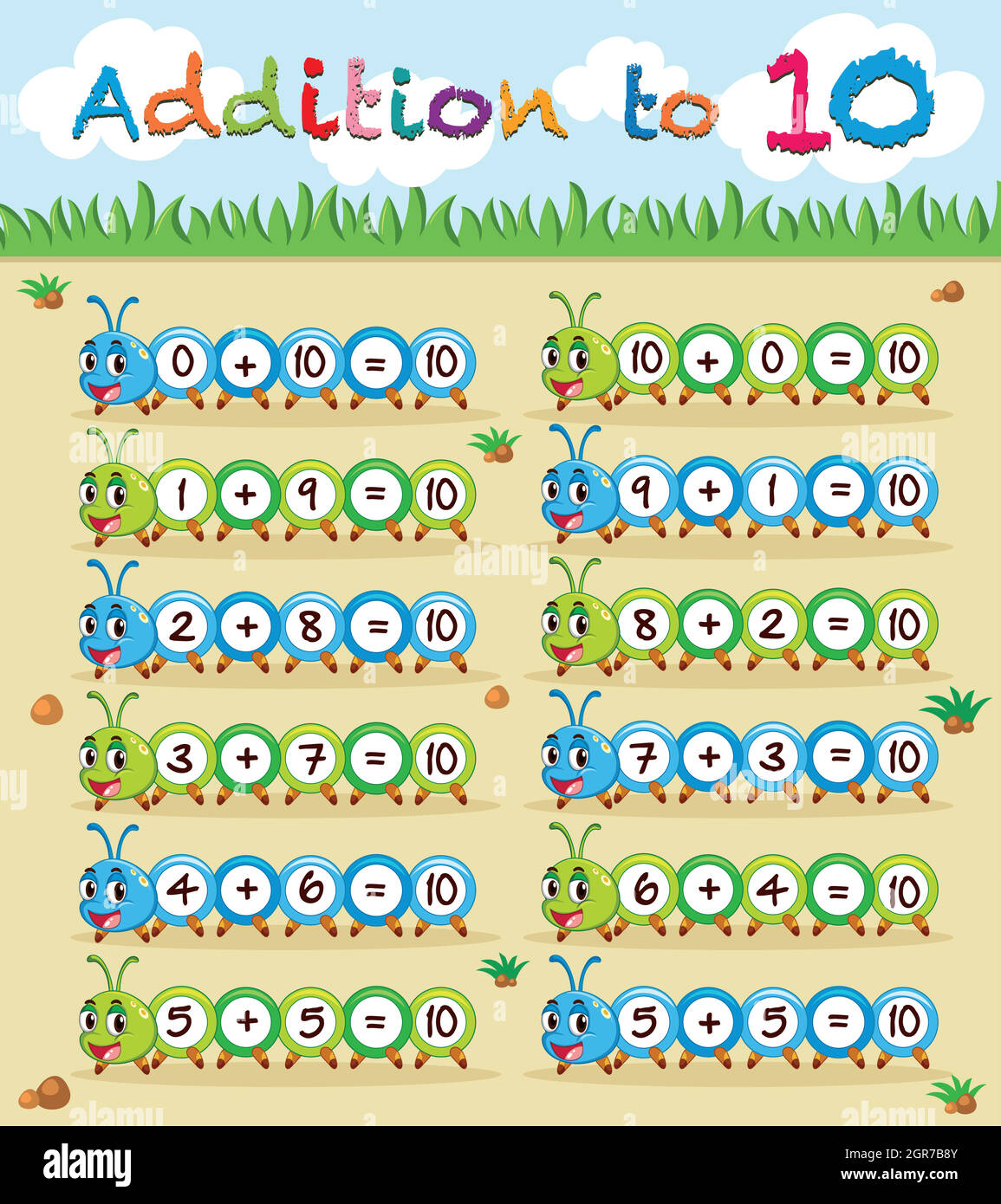 Addition to ten worksheet with caterpillar stock vector image art alamy
