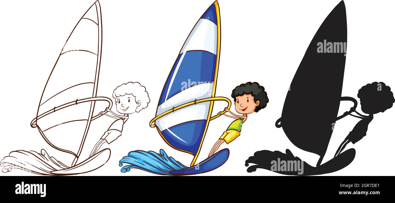 Sketches of a boy playing with the waves in three colours Stock Vector