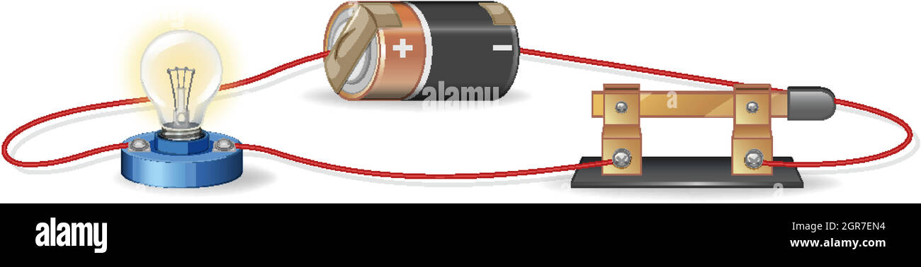 Diagram showing electric circuit with battery and lightbulb Stock Vector