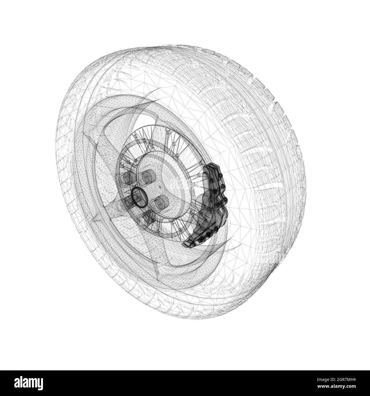 Car wheel wireframe from black lines isolated on white background. 3D. Vector illustration. Stock Vector