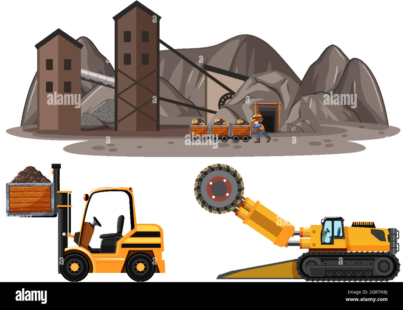 Coal mining scene with different types of construction trucks Stock Vector