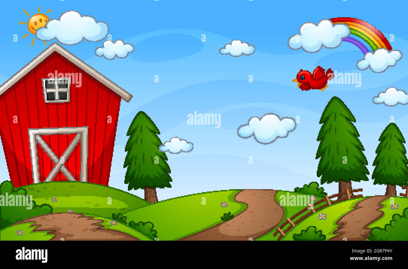 Red barn farm in nature scene with rainbow in the sky Stock Vector