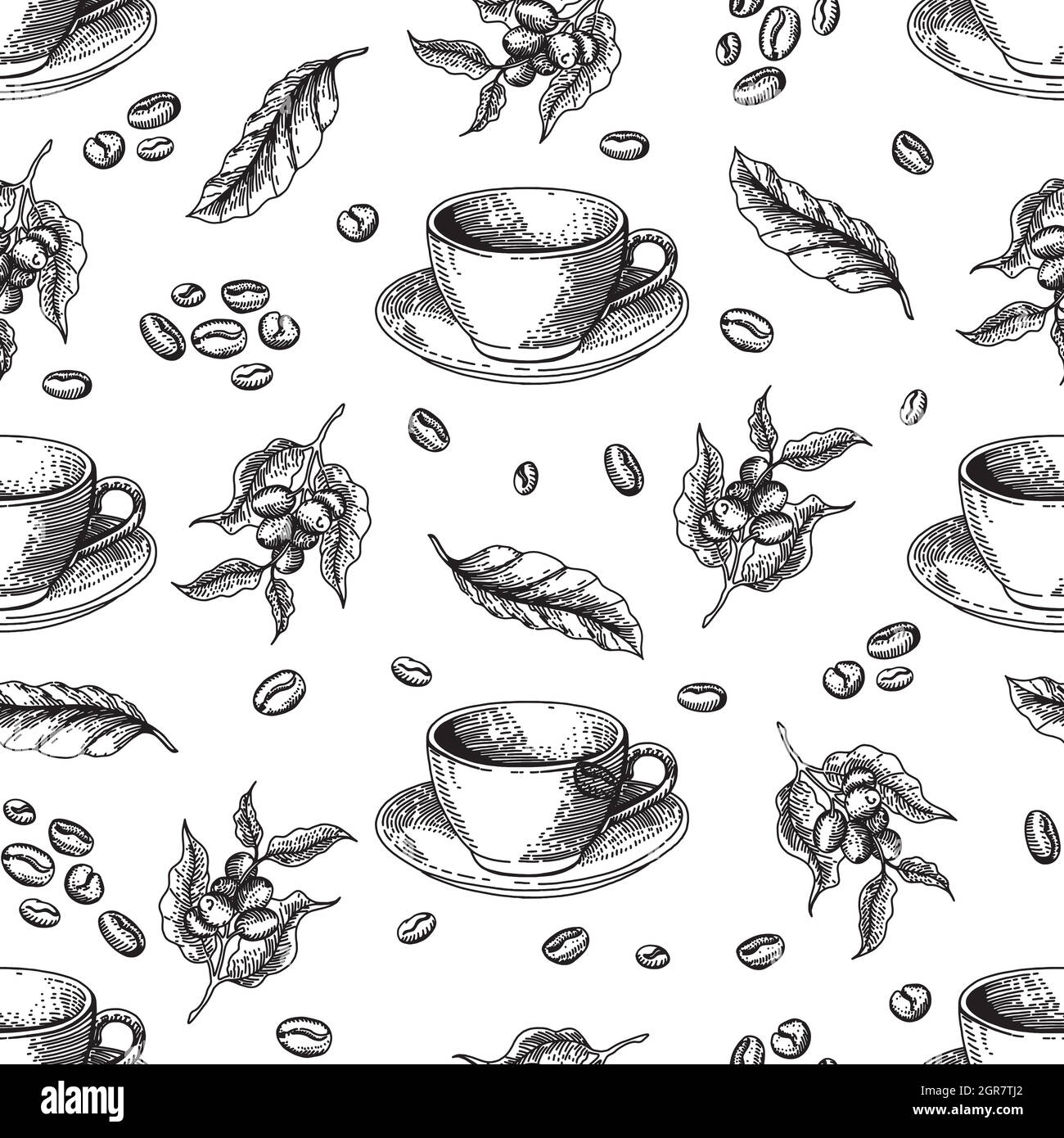 Seamless pattern with coffee. Vintage black vector hand drawn engraving ...
