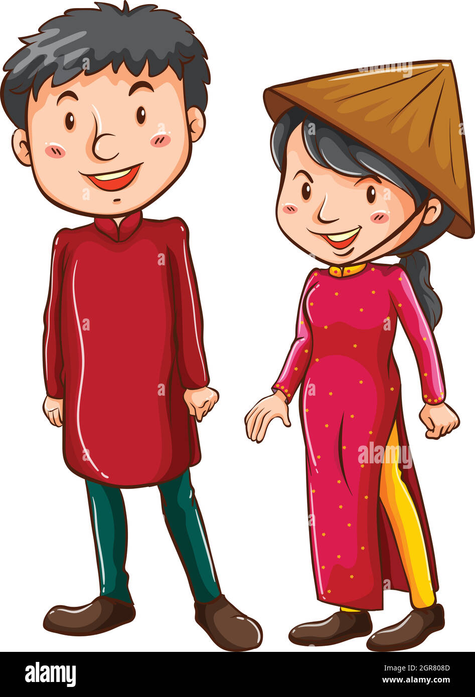 A girl and a boy wearing the Asian costumes Stock Vector