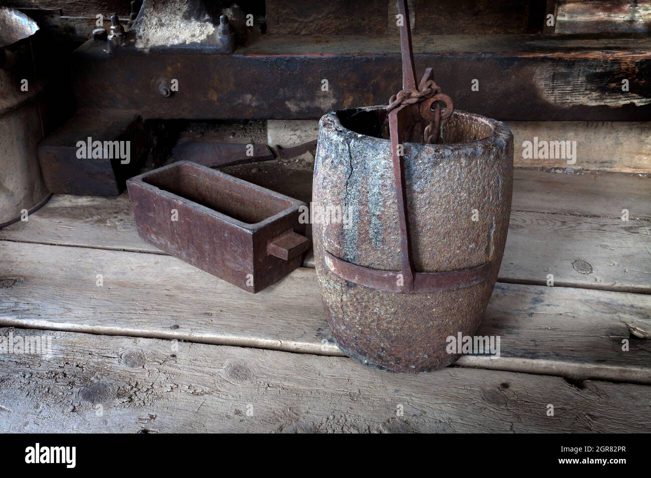 Crucible and Ingot Mold at the Standard Stamp Mill in Bodie State Park. Stock Photo
